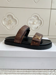 LV TWO-STRAP SANDALS 25S IN BROWN MIX BLACK CALFSKIN WITH GOLD HARDWARE