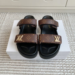 LV TWO-STRAP SANDALS 25S IN BROWN MIX BLACK CALFSKIN WITH GOLD HARDWARE