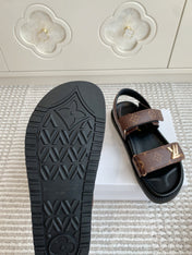 LV SANDALS 25S IN BROWN MIX BLACK CALFSKIN WITH GOLD HARDWARE