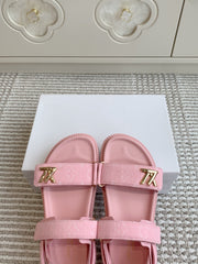 LV SANDALS 25S IN LIGHT PINK DENIM AND CALFSKIN WITH GOLD HARDWARE
