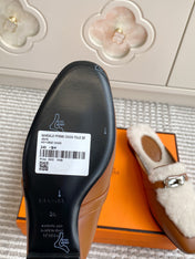 HM 25S CATENA MULE IN BEIGE SHEARLING AND BROWN LAMBSKIN WITH SILVER HARDWARE