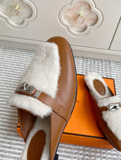 HM 25S CATENA MULE IN BEIGE SHEARLING AND BROWN LAMBSKIN WITH SILVER HARDWARE