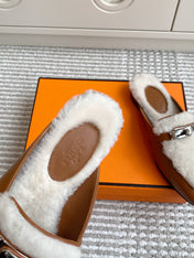 HM 25S CATENA MULE IN BEIGE SHEARLING AND BROWN LAMBSKIN WITH SILVER HARDWARE