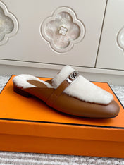 HM 25S CATENA MULE IN BEIGE SHEARLING AND BROWN LAMBSKIN WITH SILVER HARDWARE
