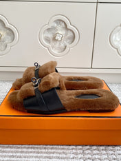HM 25S GIULIA SANDAL IN BROWN SHEARLING WITH SILVER HARDWARE