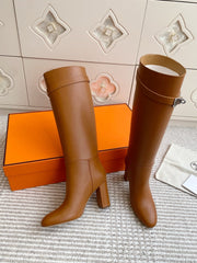 HM 25S TALL BOOTS 90 MM IN BROWN LAMBSKIN WITH SILVER HARDWARE