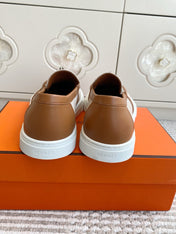 HM 25S SLIP-ON IN LIGHT BEIGE CANVAS AND BROWN LAMBSKIN WITH SILVER HARDWARE