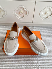 HM 25S SLIP-ON IN LIGHT BEIGE CANVAS AND BROWN LAMBSKIN WITH SILVER HARDWARE