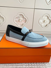 HM 25S SLIP-ON IN SKY BLUE CANVAS AND BLACK LAMBSKIN WITH SILVER HARDWARE