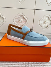 HM 25S SLIP-ON IN SKY BLUE CANVAS AND BROWN LAMBSKIN WITH SILVER HARDWARE
