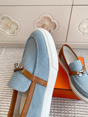 HM 25S SLIP-ON IN SKY BLUE CANVAS AND BROWN LAMBSKIN WITH SILVER HARDWARE