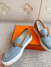 HM 25S SLIP-ON IN SKY BLUE CANVAS AND BROWN LAMBSKIN WITH SILVER HARDWARE