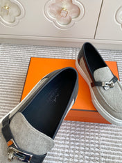 HM 25S SLIP-ON IN GREY CANVAS AND BLACK LAMBSKIN WITH SILVER HARDWARE