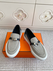 HM 25S SLIP-ON IN GREY CANVAS AND BLACK LAMBSKIN WITH SILVER HARDWARE