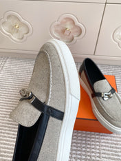 HM 25S SLIP-ON IN GREY CANVAS AND BLACK LAMBSKIN WITH SILVER HARDWARE
