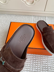 HM 25S MULES IN DARK BROWN SUEDE WITH SILVER HARDWARE