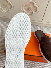 HM 25S MULES IN DARK BROWN SUEDE WITH SILVER HARDWARE