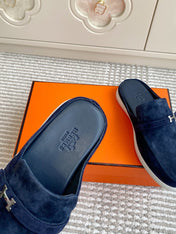 HM 25S MULES IN NAVY BLUE SUEDE WITH SILVER HARDWARE