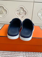 HM 25S MULES IN NAVY BLUE SUEDE WITH SILVER HARDWARE