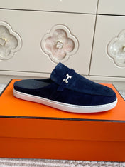 HM 25S MULES IN NAVY BLUE SUEDE WITH SILVER HARDWARE