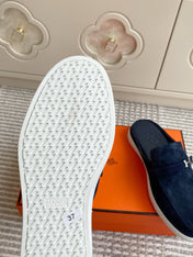 HM 25S MULES IN NAVY BLUE SUEDE WITH SILVER HARDWARE