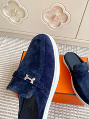 HM 25S MULES IN NAVY BLUE SUEDE WITH SILVER HARDWARE