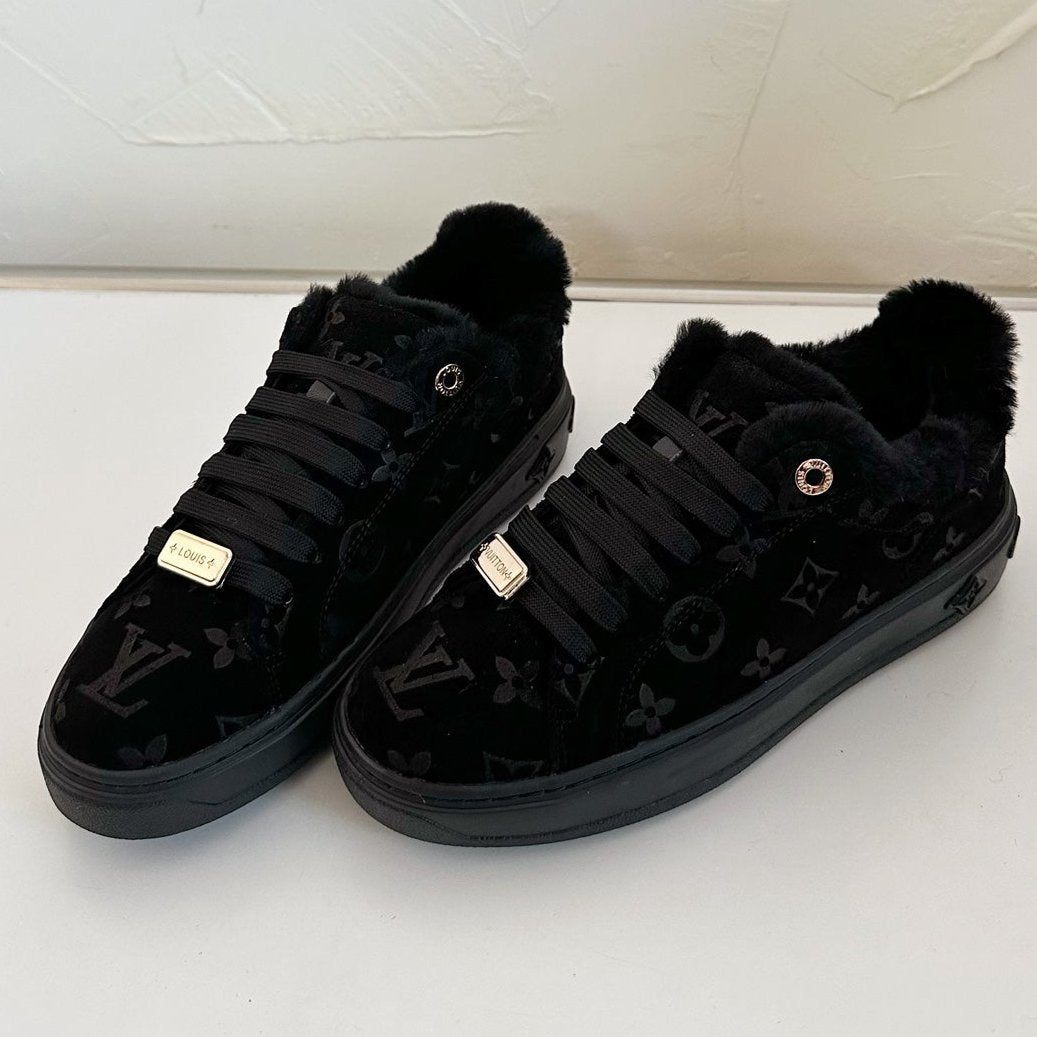 TIME OUT SNEAKER IN BLACK MONOGRAM EMBOSSED SUEDE WITH FLEECE LINING