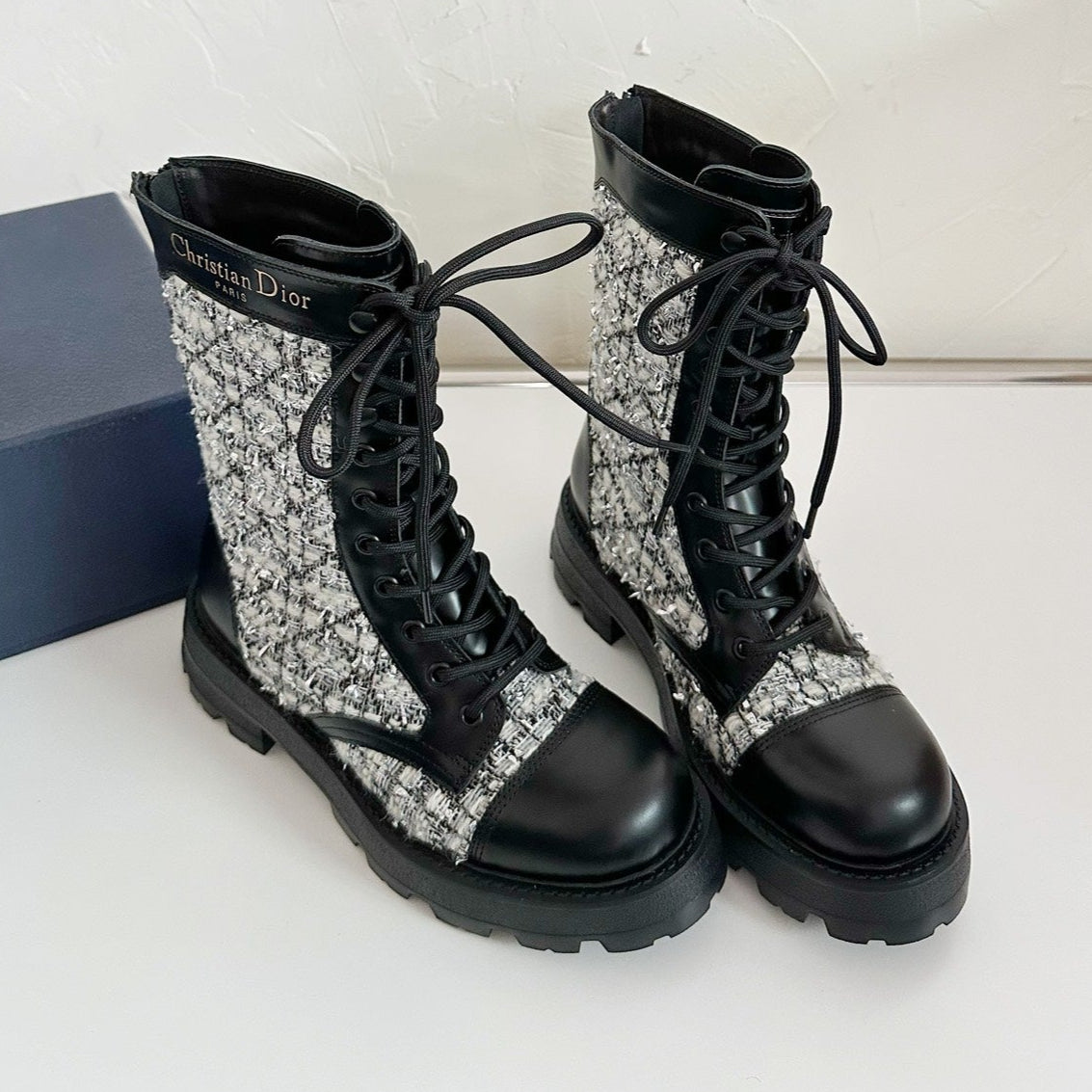 D-UNIT ANKLE BOOT BLACK CALFSKIN WITH WHITE AND BLACK CANNAGE TWEED