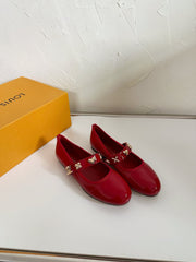 ROMY FLAT BALLERINA IN RUBY RED PATENT CALFSKIN
