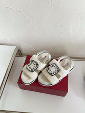 SLIDY VIV' WINTER FUR STRASS BUCKLE SANDALS IN WHITE SHEARLING