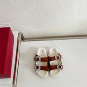 SLIDY VIV’ FUR STRASS BUCKLE MULES IN BROWN SUEDE AND CREAM SHEARLING INSOLE