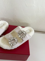 SLIDY VIV’ FUR STRASS BUCKLE MULES IN LIGHT GREY SUEDE AND CREAM SHEARLING INSOLE