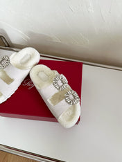 SLIDY VIV’ FUR STRASS BUCKLE MULES IN LIGHT GREY SUEDE AND CREAM SHEARLING INSOLE