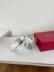 VIV' SKATE SNEAKERS IN WHITE CALFSKIN SILVER GLITTER STRAP AND CRYSTAL BUCKLE
