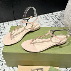 THONG SANDAL IN ALMOND BEIGE CALFSKIN WITH GOLD HARDWARE