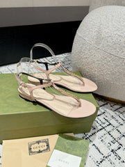 THONG SANDAL IN ALMOND BEIGE CALFSKIN WITH GOLD HARDWARE