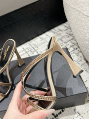 HIGH CRYSTAL STRAP SANDALS IN BOUTIQUE BEIGE SILK