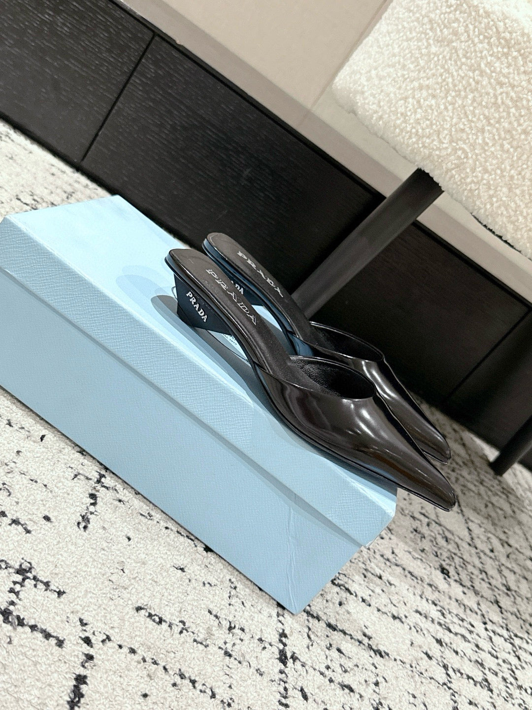 PRADA 25S POINTED-TOE MULES IN BLACK CALFSKIN