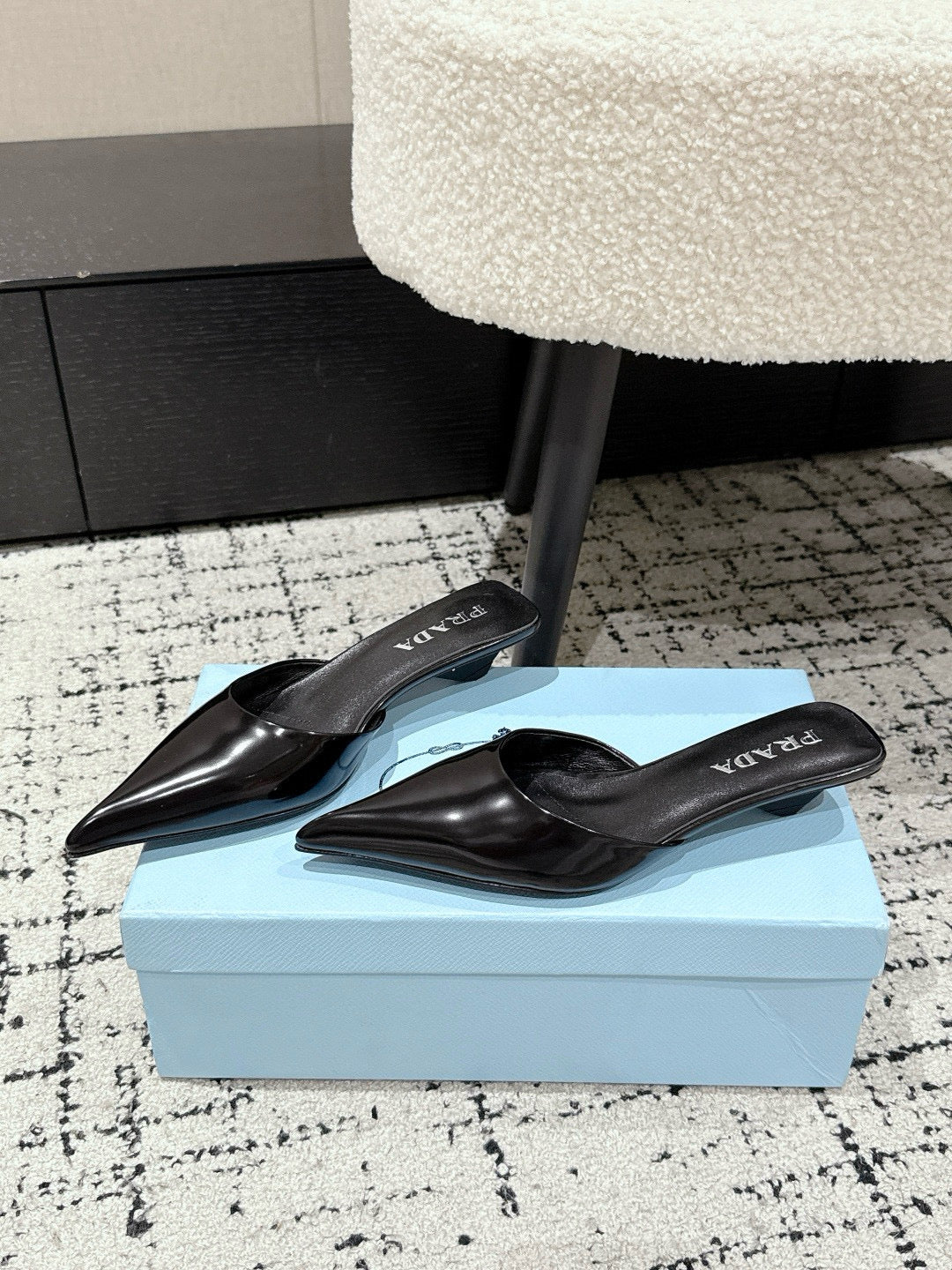 PRADA 25S POINTED-TOE MULES IN BLACK CALFSKIN