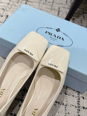 PRADA 25S SQUARE TOE HIGH HEELS IN IVORY GLOSSY CALFSKIN