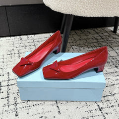 PRADA 25S SQUARE TOE HIGH HEELS IN DARK RED GLOSSY CALFSKIN