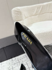 PRADA 25S SQUARE TOE HIGH HEELS IN BLACK GLOSSY CALFSKIN