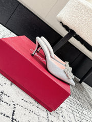 ROGER VIVIER 25S EFFLORESCENCE MULES 65MM IN BLING SILVER EMBELLISHED CRYSTALS