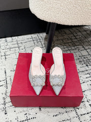 ROGER VIVIER 25S EFFLORESCENCE MULES 65MM IN BLING SILVER EMBELLISHED CRYSTALS