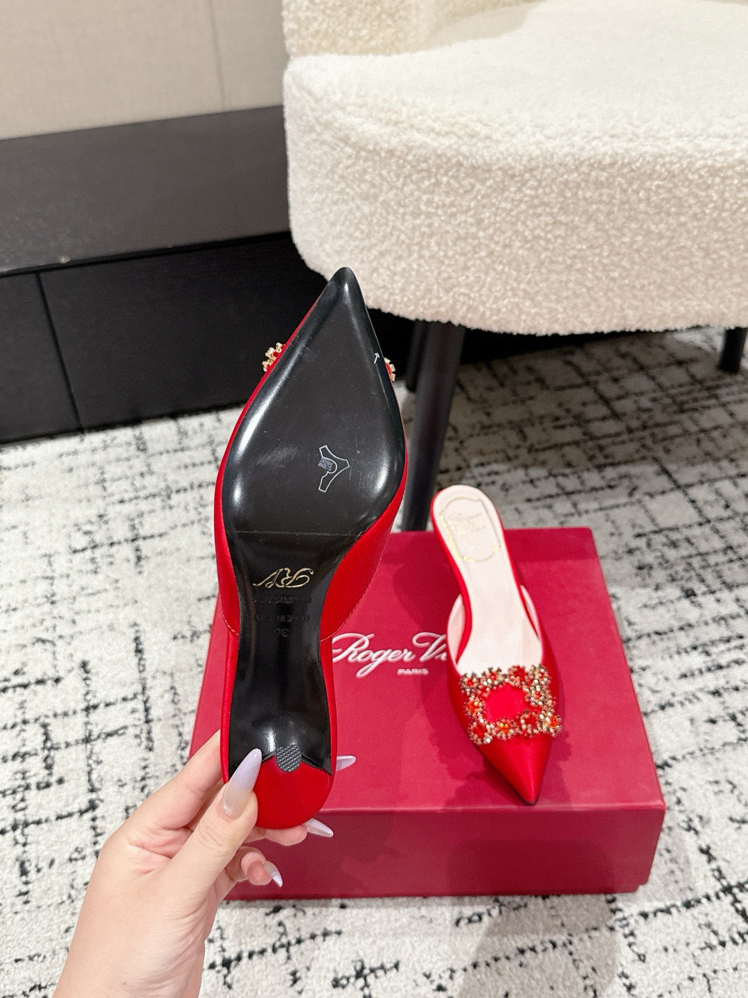 ROGER VIVIER 25S EFFLORESCENCE MULES 65MM IN BRIGHT RED SATIN EMBELLISHED CRYSTALS