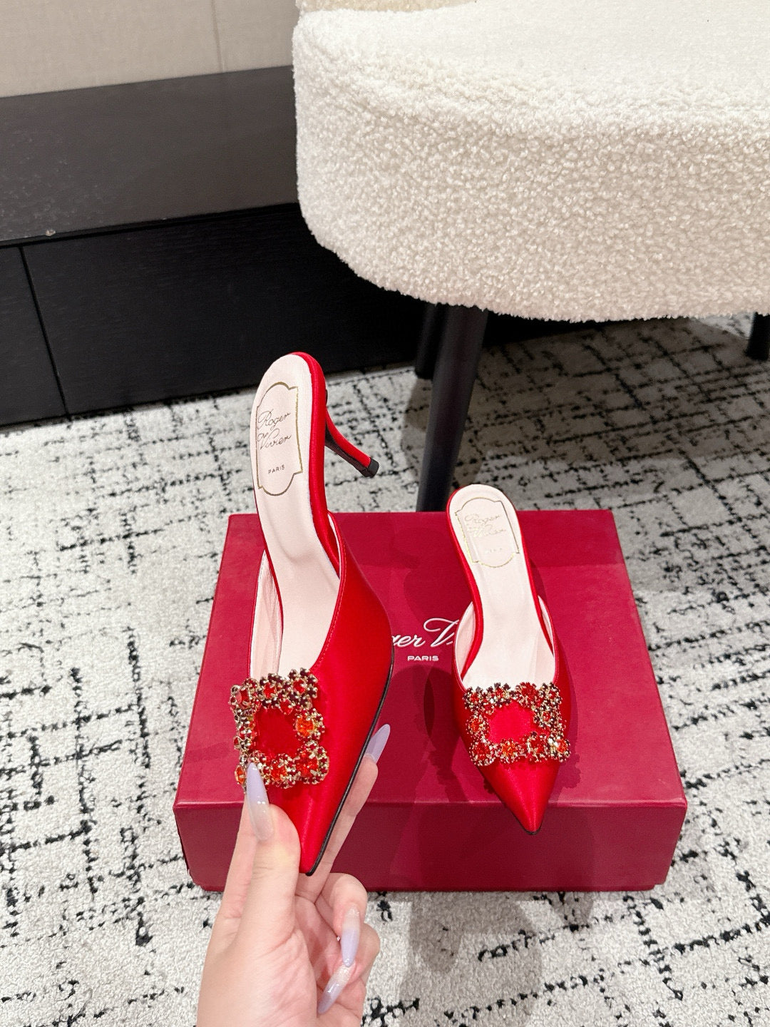 ROGER VIVIER 25S EFFLORESCENCE MULES 65MM IN BRIGHT RED SATIN EMBELLISHED CRYSTALS