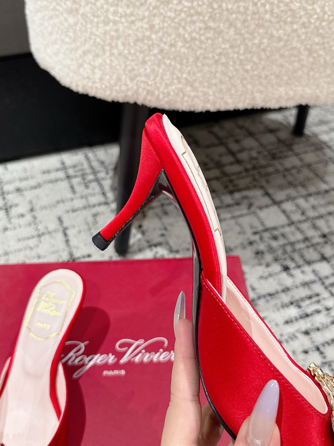 ROGER VIVIER 25S EFFLORESCENCE MULES 65MM IN BRIGHT RED SATIN EMBELLISHED CRYSTALS