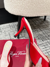 ROGER VIVIER 25S EFFLORESCENCE MULES 65MM IN BRIGHT RED SATIN EMBELLISHED CRYSTALS