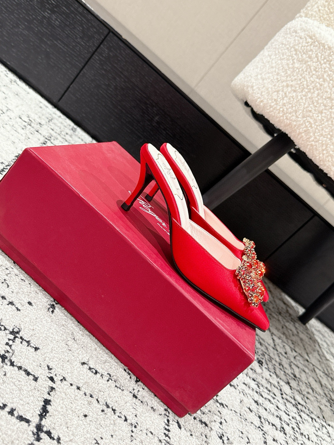 ROGER VIVIER 25S EFFLORESCENCE MULES 65MM IN BRIGHT RED SATIN EMBELLISHED CRYSTALS