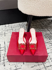 ROGER VIVIER 25S EFFLORESCENCE MULES 65MM IN BRIGHT RED SATIN EMBELLISHED CRYSTALS
